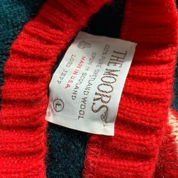 Vintage The MOORS 100% wool sweater red green striped sz L mens made in USA - Picture 5 of 6